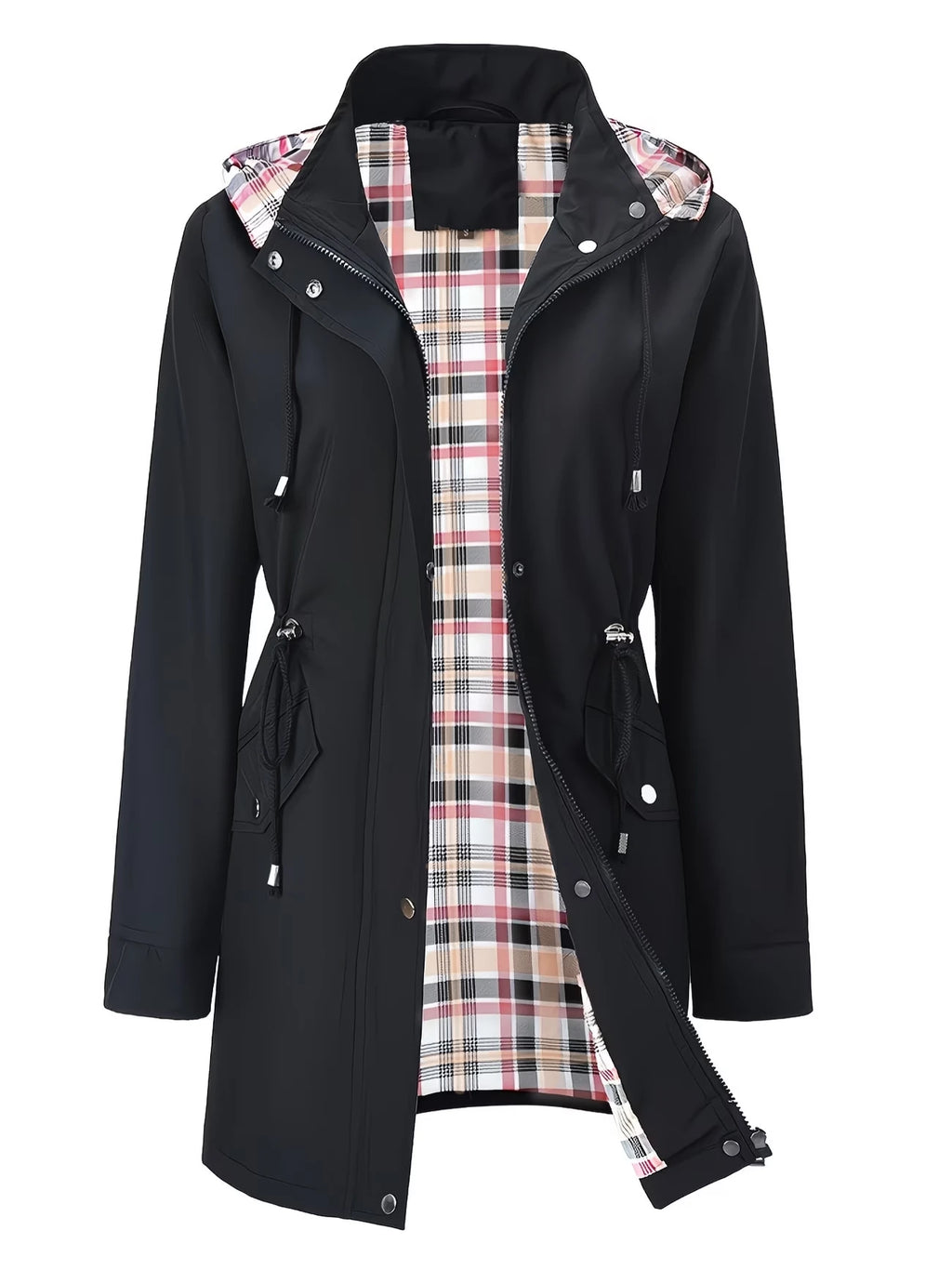 Women's mid-length hooded zipper trench jacket, featuring a full-zip front placket and adjustable hood pocket