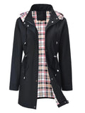 Women's mid-length hooded zipper trench jacket, featuring a full-zip front placket and adjustable hood pocket