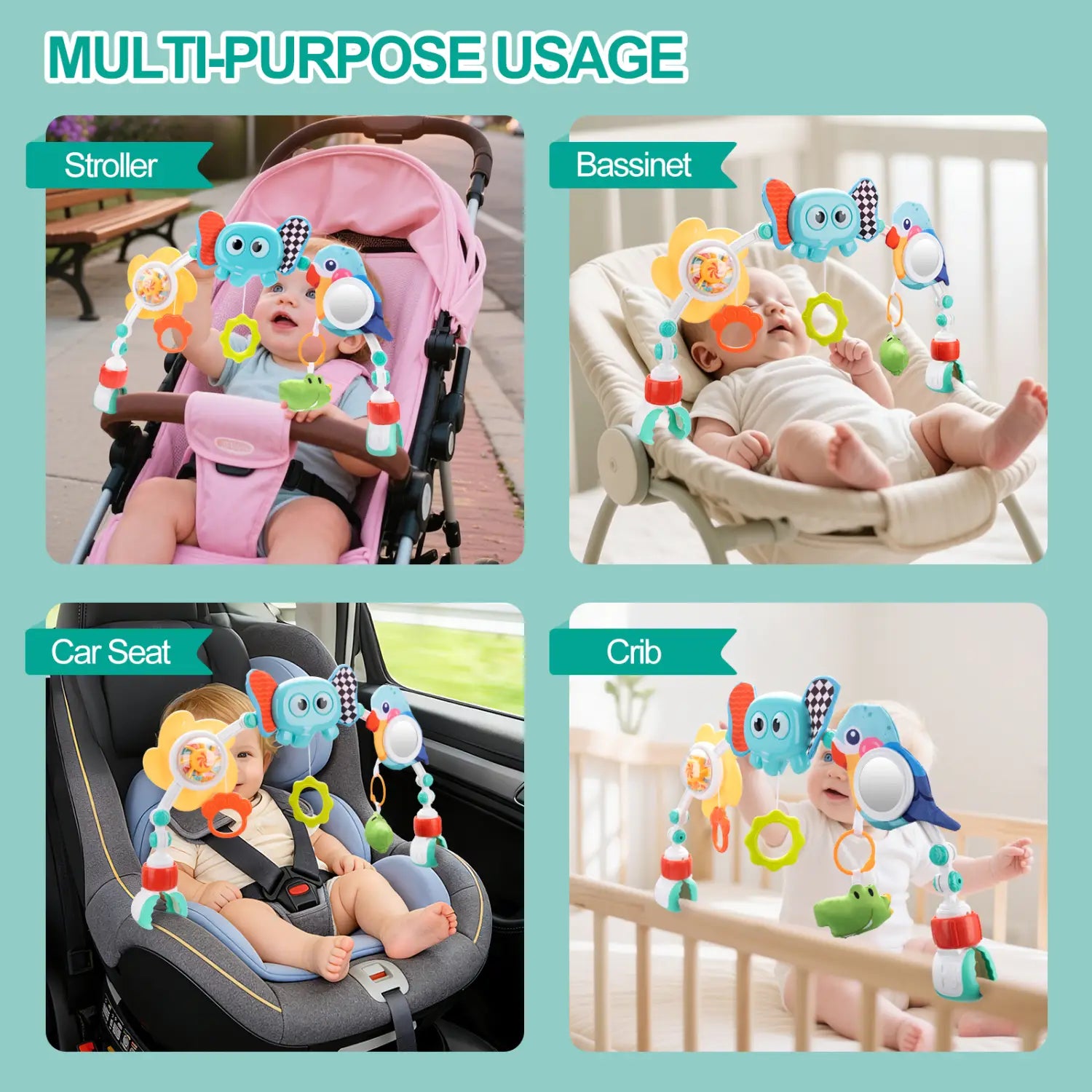 Jouet d’arche pour poussette de bébé multi-fonctionnel pour centre d’activités marin, avec des anneaux suspendus en peluche représentant un éléphant et un oiseau, et des miroirs réfléchissants