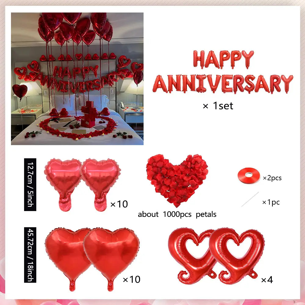 Anniversary decoration set featuring red heart-shaped foil balloons with solid and cut-out designs and rose petals.