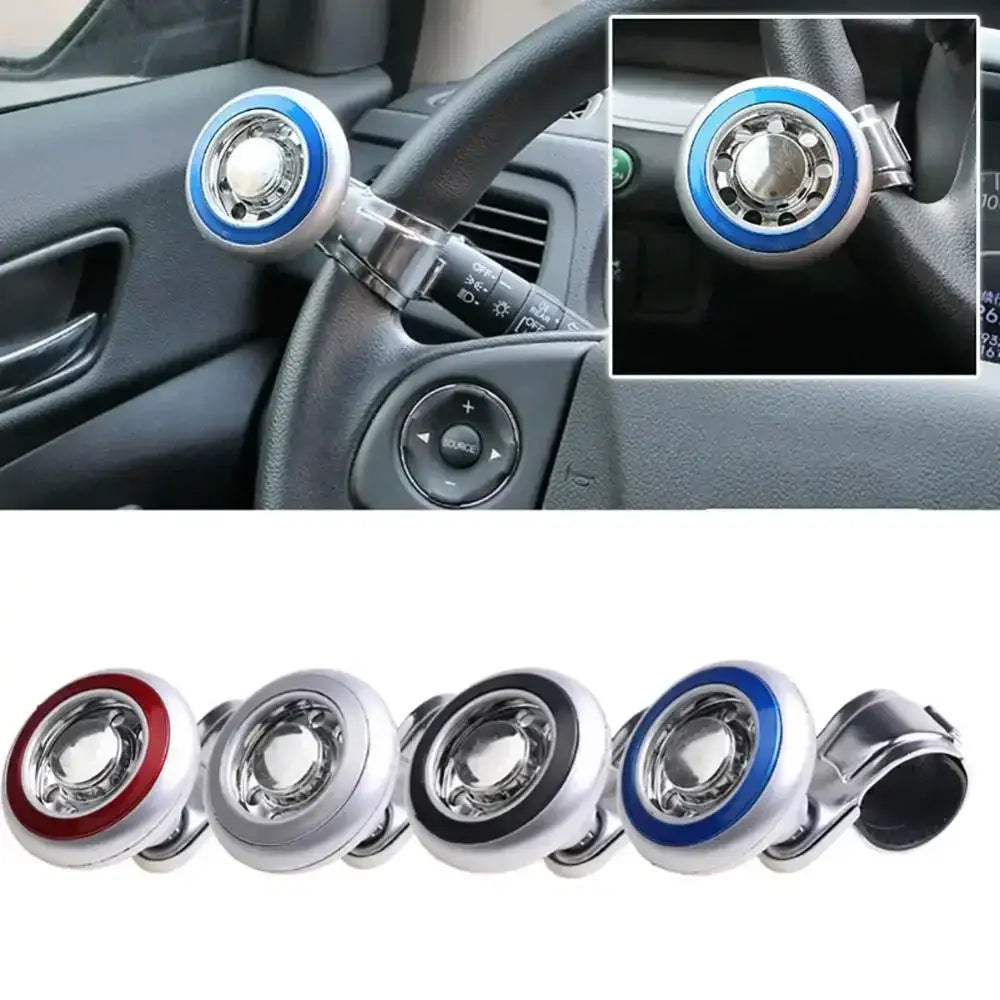 Gira-volante de cromo con acentos azules, con diseño circular elegante y acabado metálico, que ofrece ajuste universal con rotación de 360 grados.