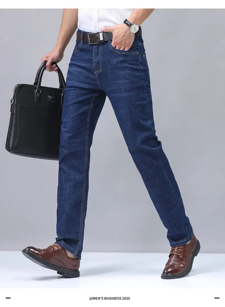 Dark blue stretch cotton men’s straight jeans with a classic straight-leg cut and visible stitching details for casual wear.