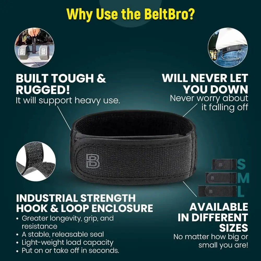 Ceinture élastique sans boucle Beltbro noire pour musculation pour hommes et femmes, dotée d’un tissu texturé durable et d’une fermeture à crochet et boucle de qualité industrielle.