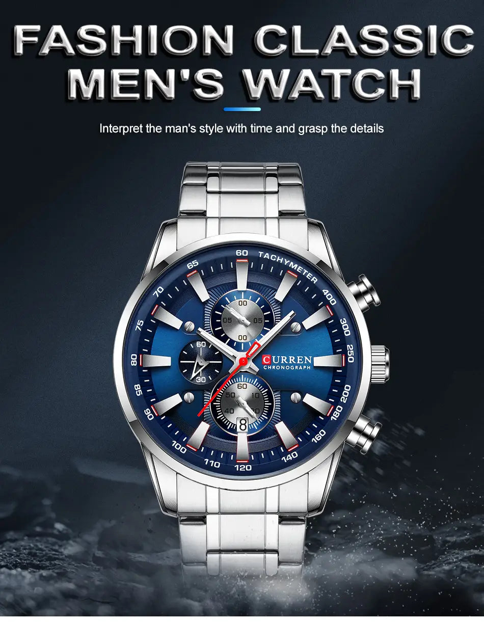 Curren mens chronograph stainless steel watch featuring a silver-toned case with a vibrant blue dial and white and red accents on the hands and markers with three subdials for stopwatch functionality.