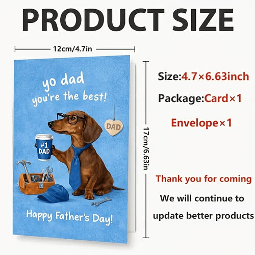 1 Fun Father's Day Greeting Card with a Red Envelope, Featuring a Long Dog Wearing Glasses and a Tie Holding a Number 1, with a Coffee Cup and Tools on the Side, with the Text "Yo Dad You'Re the Best," Perfect for Dad, a Cute