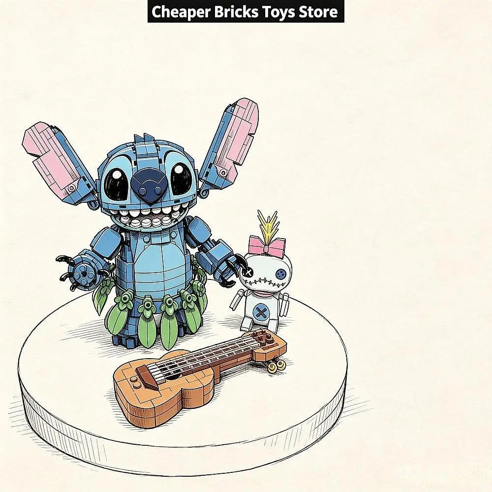 blue robotic stitch figure with pink accents and green leafy skirt standing beside a small stitched doll and wooden ukulele on a circular base from a stitch building blocks toy compatible with lego designed for recommend age and manufactured in mainland china with no high-concerned chemical materials.