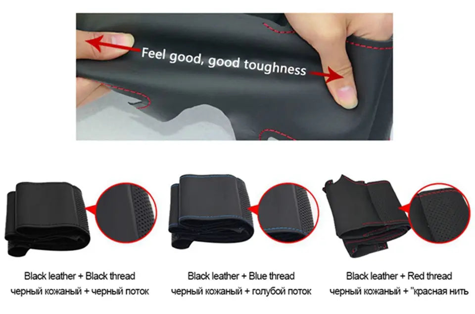 Cubierta para volante de Audi de cuero en color negro con costuras rojas; presenta una artesanía detallada a contraste para un mejor agarre y estilo.