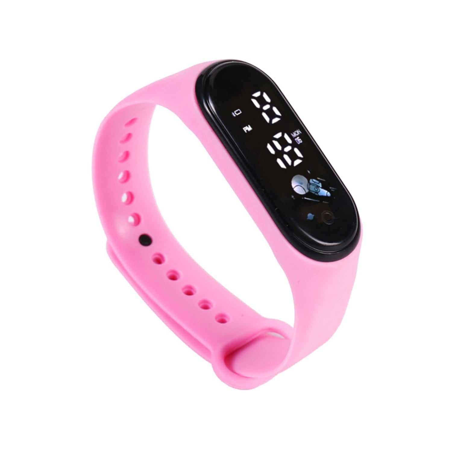 Kids digital led silicone sports watch with pink silicone wristband and black digital display showing time and date.