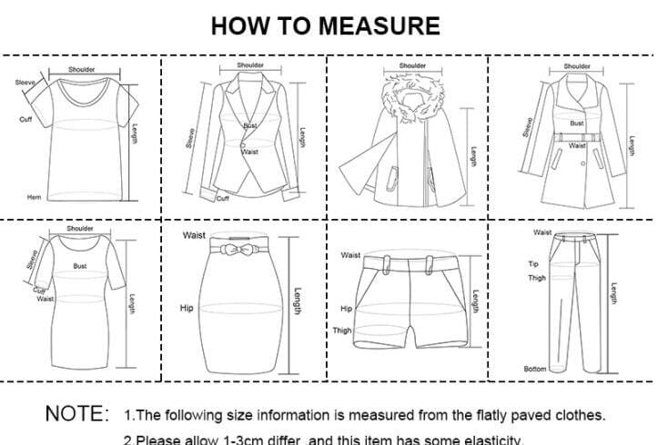 diagrama instructivo que presenta dibujos lineales con etiquetas de diversas prendas para puntos de medición, incluido hombro, busto, cintura, cadera, largo y puño, utilizado para determinar la talla de una camisa de algodón de hombre de botonadura sencilla para verano en la playa con estilo de verano en la playa