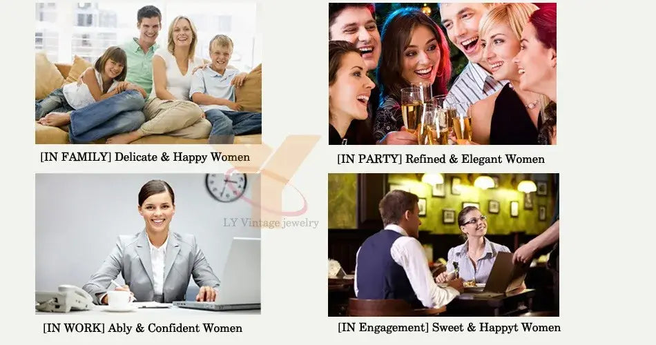 Das Bild zeigt vier Szenen mit Frauen in unterschiedlichen Umgebungen zusammen mit einem Armreifarmband aus goldfarbenem Multigemsteinschmuck, das Familie-, Party- und Bürobereiche hervorhebt.