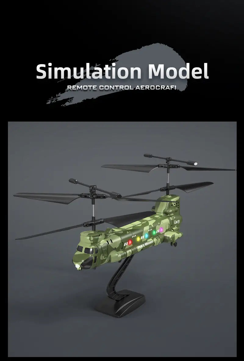 Helicóptero teledirigido de camuflaje verde con luces LED, diseñado para fotografía aérea y para el desarrollo de habilidades.