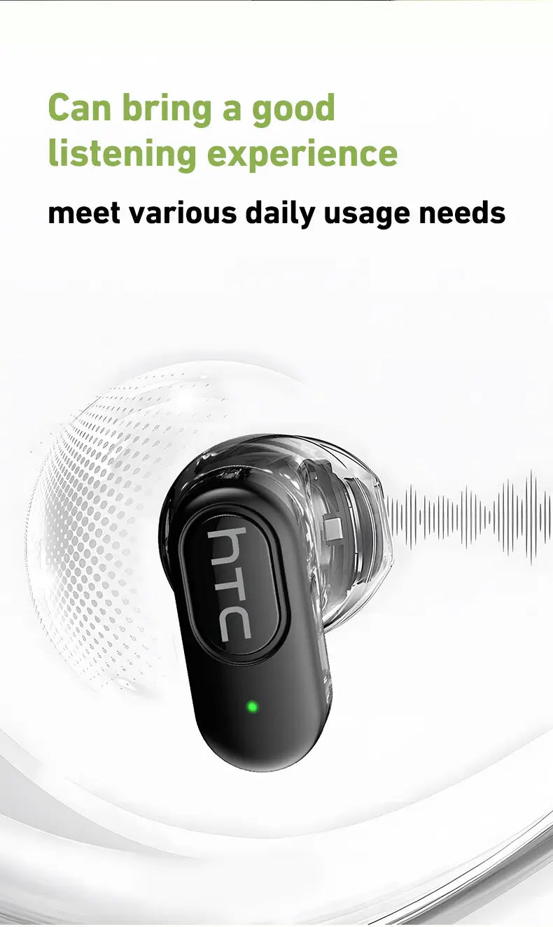高度なBluetoothバージョン技術を示す、グロッシー仕上げとグリーンのインジケーターライトを備えたブラックのHTC Ne51 Bluetoothワイヤレスイヤホン。
