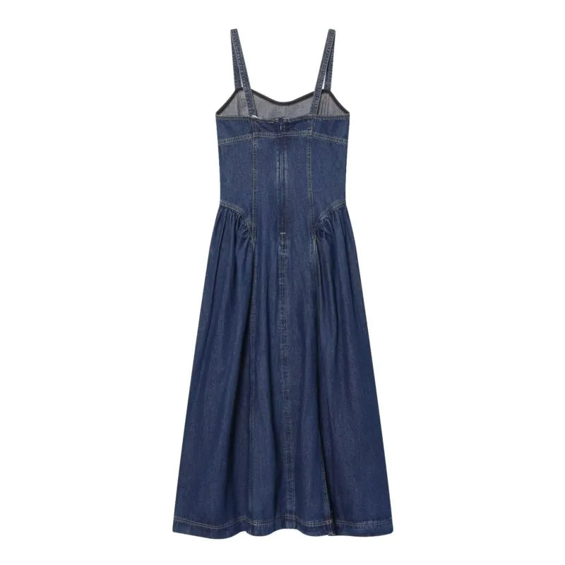 Women Denim Slip Dress with Flared Hem Fashion Casual Backless Sleeveless A-line Dress Female Vacation Style Dresses