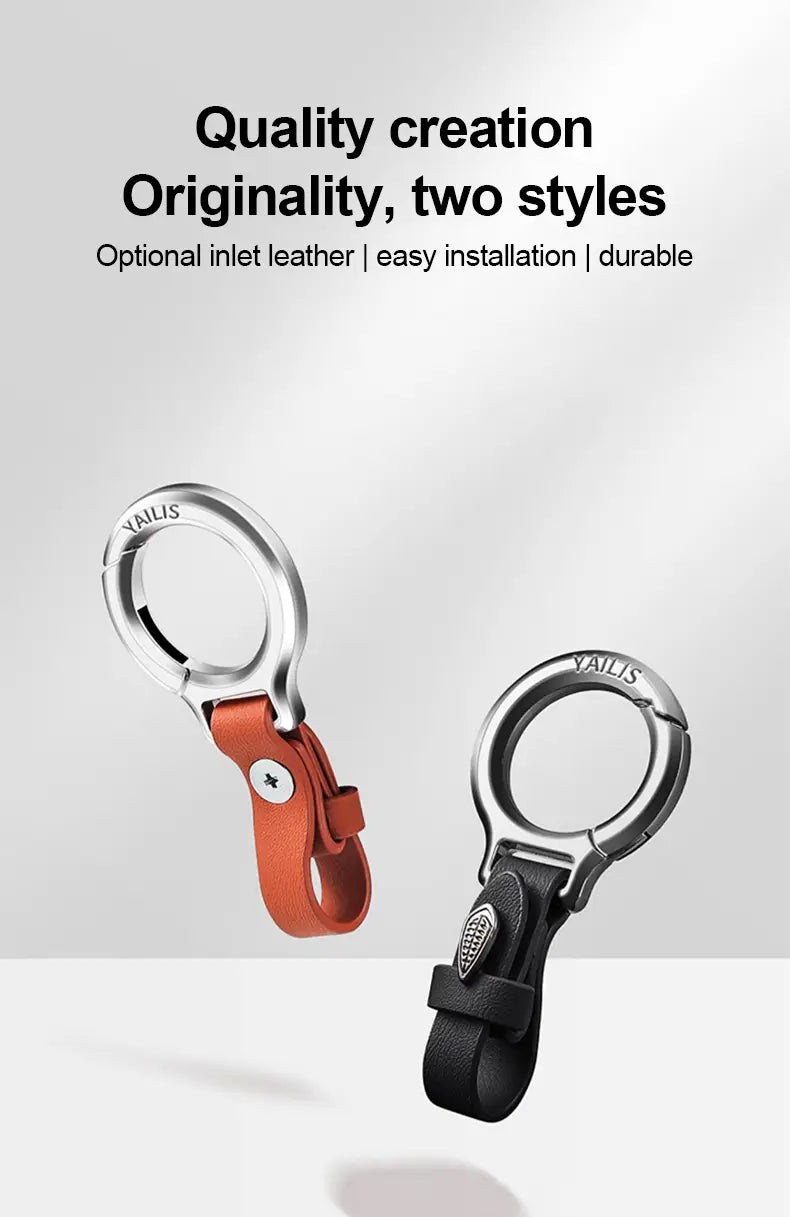 Lederschlüsselanhänger für den Pkw, mehrzweckiger Anti-Verlust-Halter mit silbernem Metall-Schlüsselring, orangefarbenen und schwarzen Lederriemen in einem eleganten kreisförmigen Design.