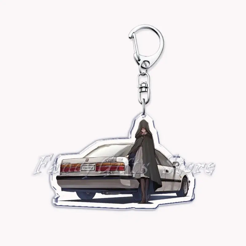 Silver acrylic Nissan Skyline car keychain featuring a detailed illustration of a white Honda Integra with a hooded figure standing beside it.