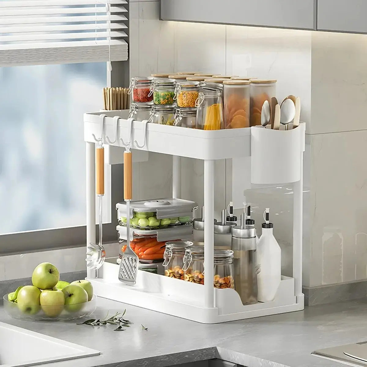 white two-tier kitchen organizer with hooks and storage compartments for under sink sliding basket black storage rack made in mainland china