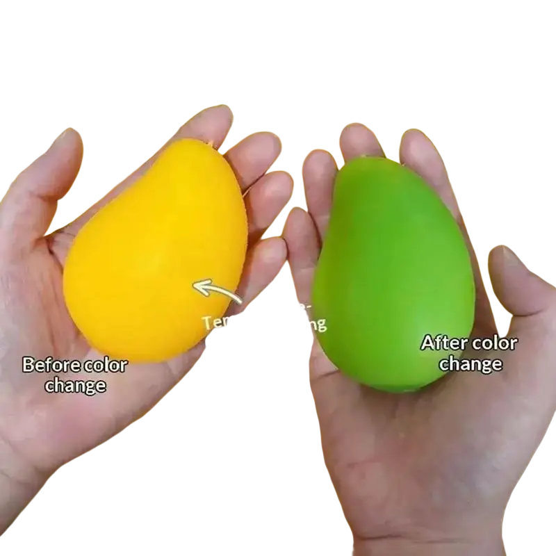 jouet antistress souple en forme de mangue, sensible à la température, jaune et verte, texture cireuse et douce, vu de face, pour soulagement du stress et utilisation lors d’une fête d’anniversaire