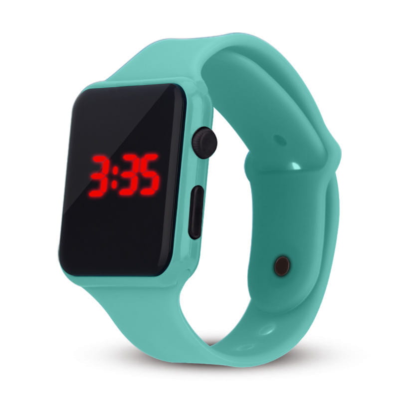 Reloj deportivo digital de silicona color turquesa para hombres y mujeres con esfera rectangular negra que muestra números LED rojos para un uso casual en la muñeca.