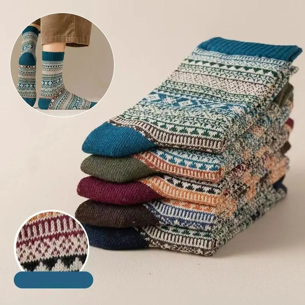stack of cozy knitted men retro cotton crew socks in mid-high tube style with teal earthy tones and intricate geometric patterns reflecting fashion trend.