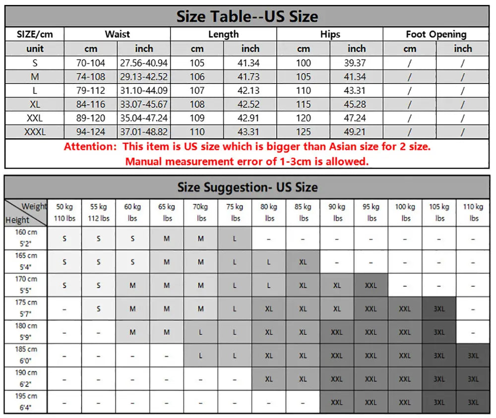 Us size conversion chart with detailed measurements for waist, length, hips, and foot opening across sizes s to xxxl for men cotton linen trousers breathable casual pants.