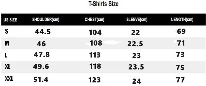 Herren-Polyester-Crewneck-T-Shirt mit atmungsaktivem Stoff für den Sommer, Größentabelle mit Maßangaben für US-Größen S bis XXL.
