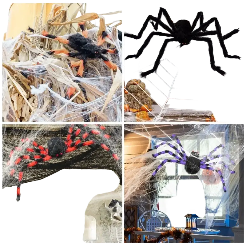 Black and orange plush fake spider with long legs on a spider web among dried corn stalks halloween decorations
