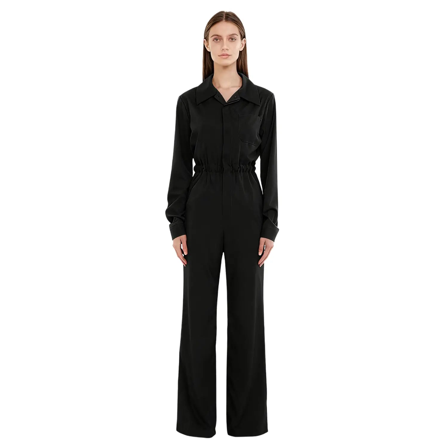 A black long-sleeved jumpsuit with a collar and drawstring waist featured in a product titled royal blue long sleeve casual jumpsuit.