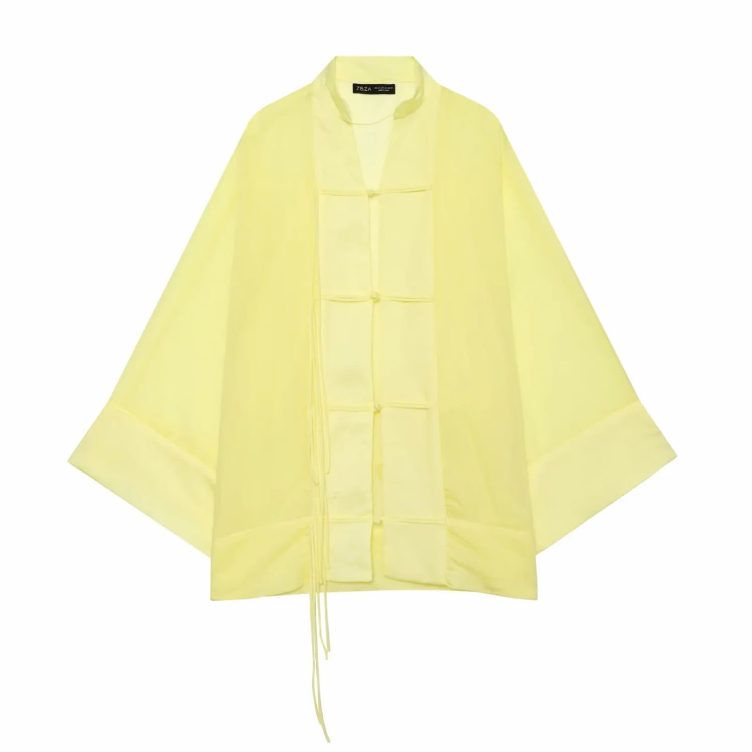 Blouse transparente jaune pâle à manches longues, tissu léger, manches amples, fermeture avant traditionnelle de style chinois et ourlet à cordon, conçue comme des chemises décontractées.