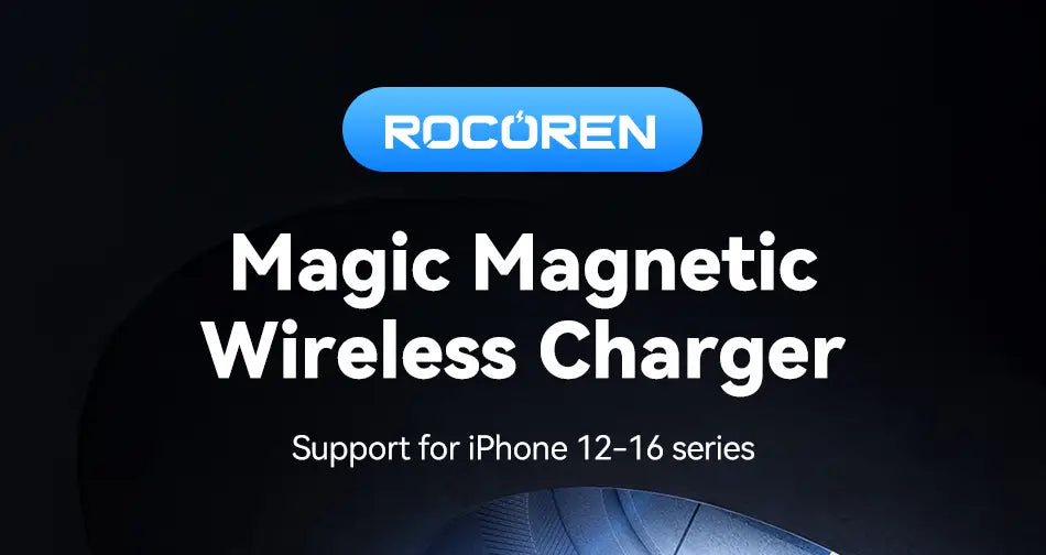 Cargador inalámbrico magnético inalámbrico de magia Rocoren color azul con diseño moderno y elegante que ofrece carga rápida inalámbrica de 15 W y compatibilidad para las series de iPhone 12 a 16.