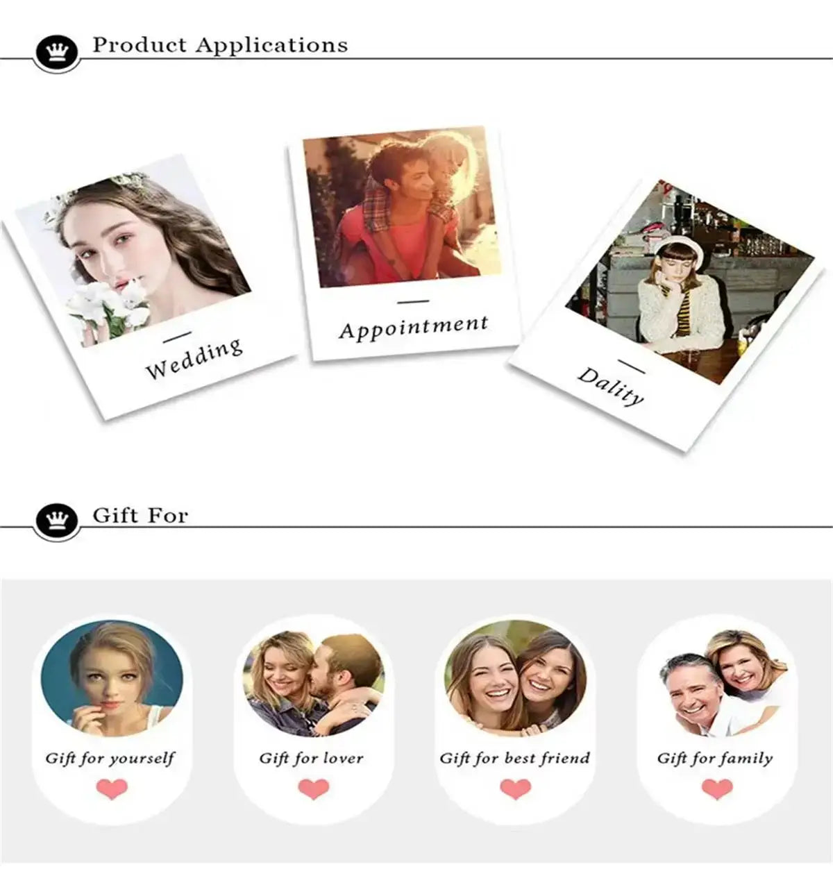 white polaroid-style photo cards with rounded corners labeled for wedding appointment and dality alongside a fade resistant sand gold adjustable gold adjustable ring with a matte wide band unisex design.