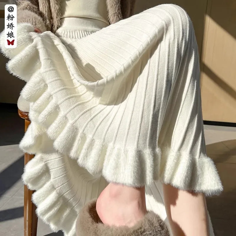 Knitted Skirt for Women High Waist and Thin in Winter, Drape Feeling Fungus  Splicing A-word Umbrella Skirt, Large Swing Skirt