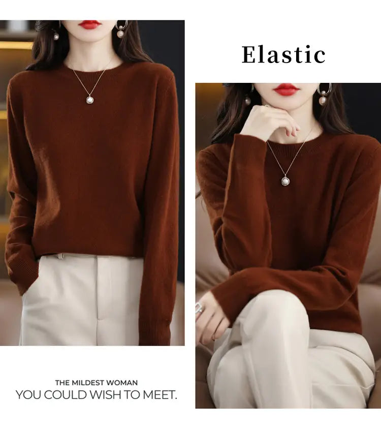 A cozy rich brown velvet pure wool cashmere o-neck pullover sweater with long sleeves and a soft elastic fit.