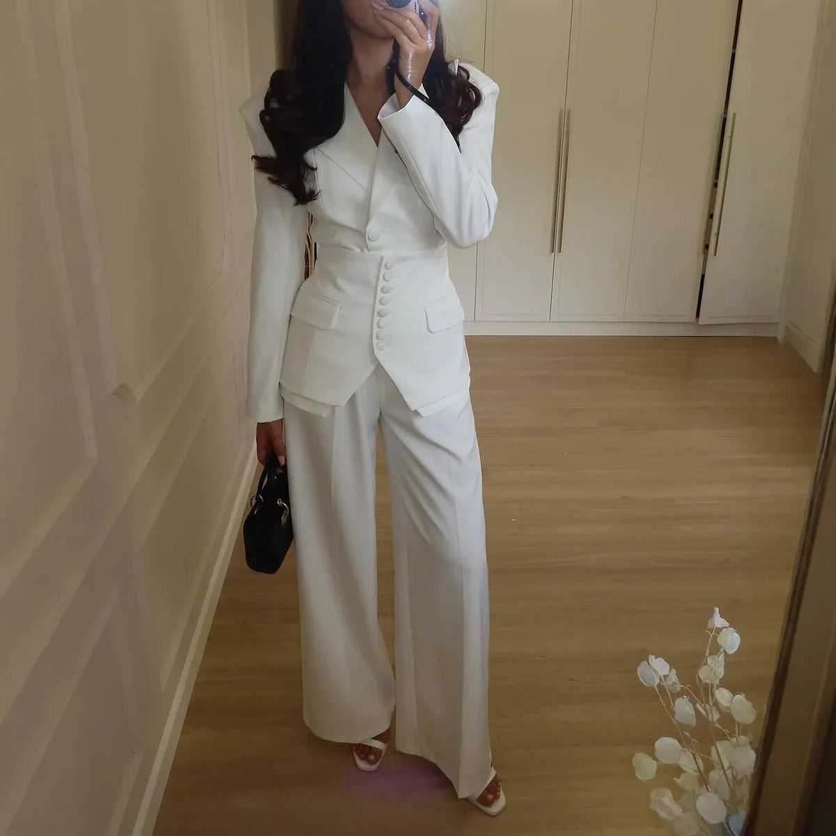 Women's Elegant 2 Piece Suit Set, Tailored Blazer Jacket + High Waist Wide Leg Pants, Office Formal Business Wear