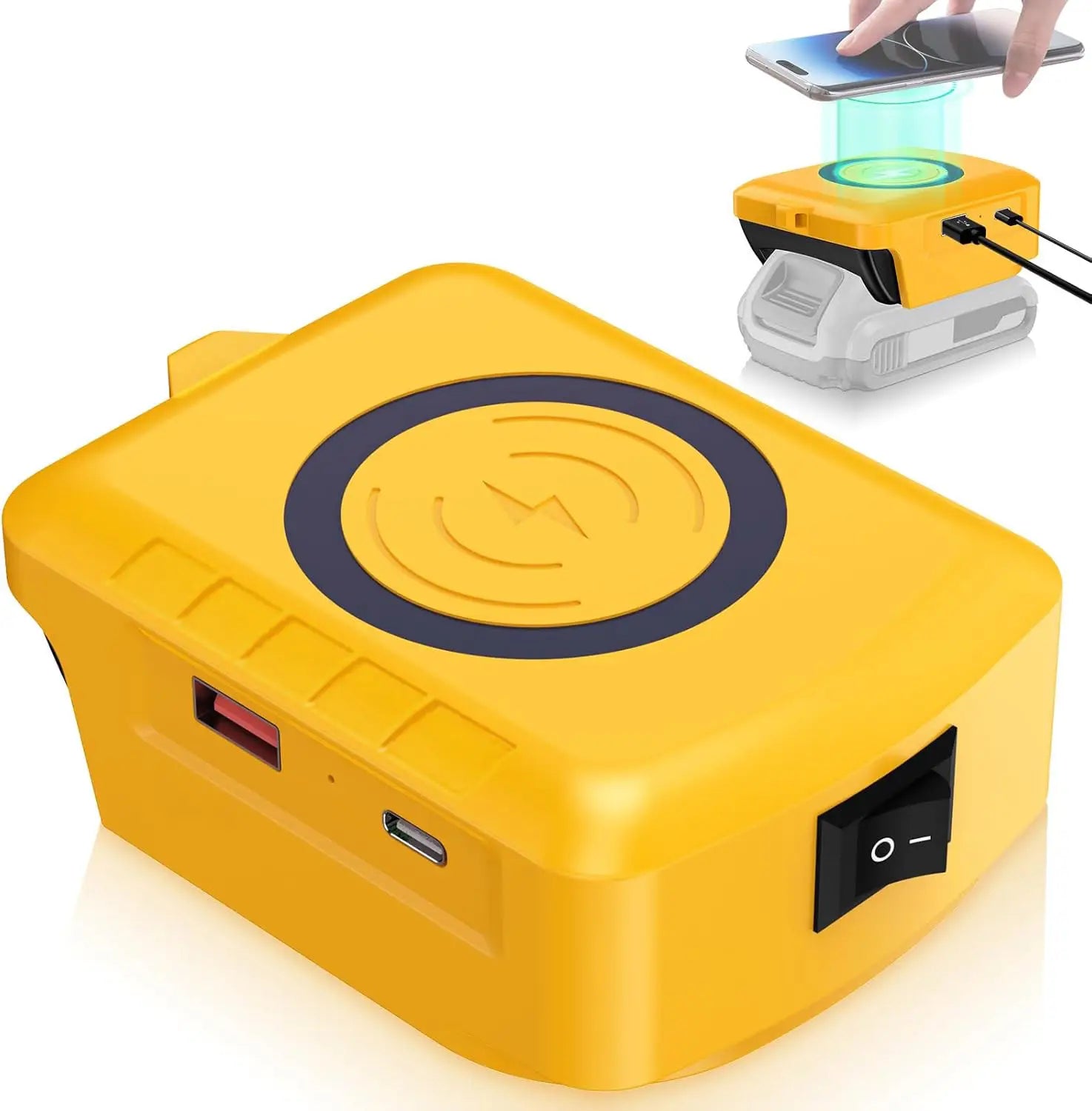 Banco de energía inalámbrico portátil de color amarillo intenso, con almohadilla de carga circular negra y múltiples puertos, diseñado para herramientas Makita, DeWalt y Milwaukee de 18 V, con protocolo de carga rápida.