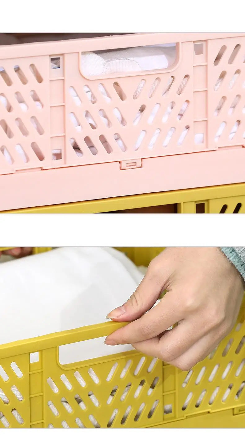 a pink and yellow foldable storage basket made of plastic with a perforated lattice design for versatile storage solutions