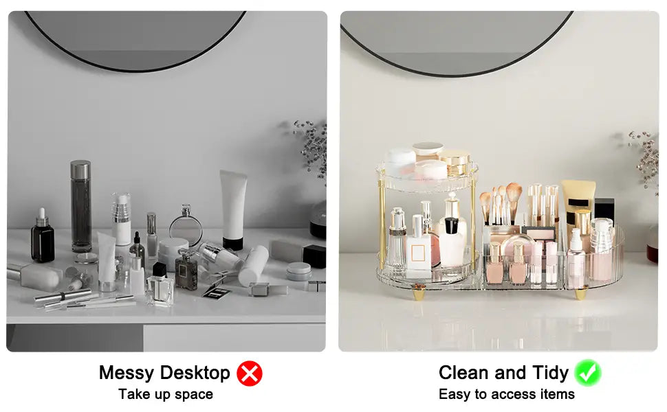 Plateau de rangement pour maquillage rotatif en acrylique transparent, avec deux niveaux, des accents en métal de ton doré et une base assortie pour le rangement des produits cosmétiques.