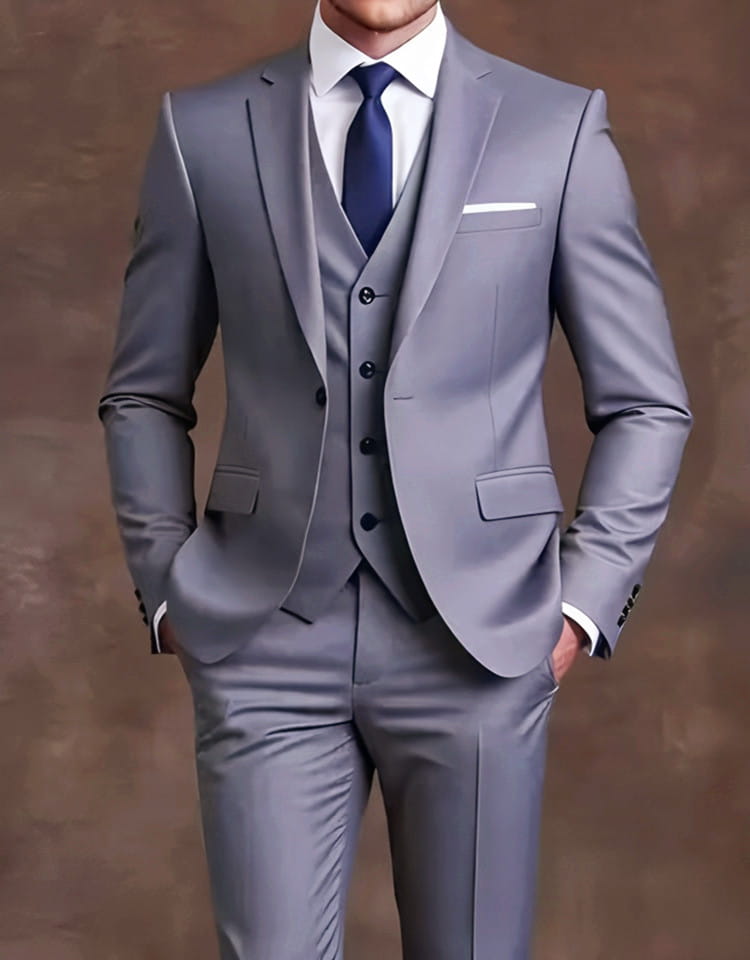 Ein eleganter grauer Dreiteileranzug mit maßgeschneiderter Jacke mit Revers und passender Weste, einreihige Verschlussart für einen Herren schwarzen Slim-Fit-Smoking.