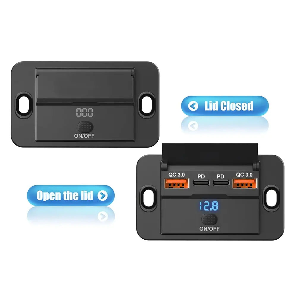 Schwarzer rechteckiger 12-V-24-V-USB-C-Kfz-Ladeanschluss mit digitaler Anzeige und mehreren USB-Anschlüssen mit PD-QC3.0-Schnellladetechnologie.