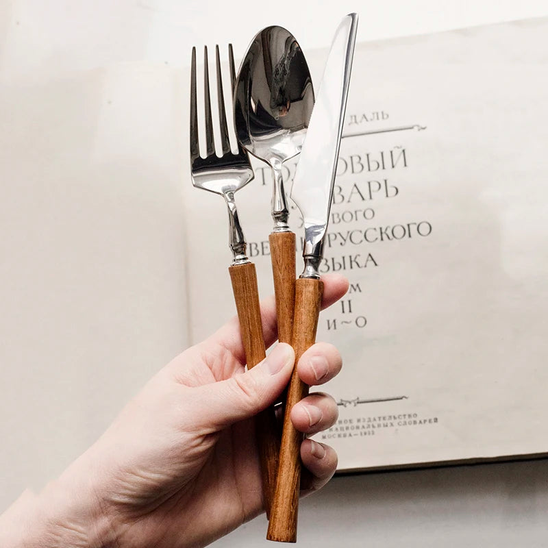 6Pcs 304 Stainless Steel Cutlery Set, Wooden Handle Dinner Fork Knife Spoon Flatware Dinnerware Tableware