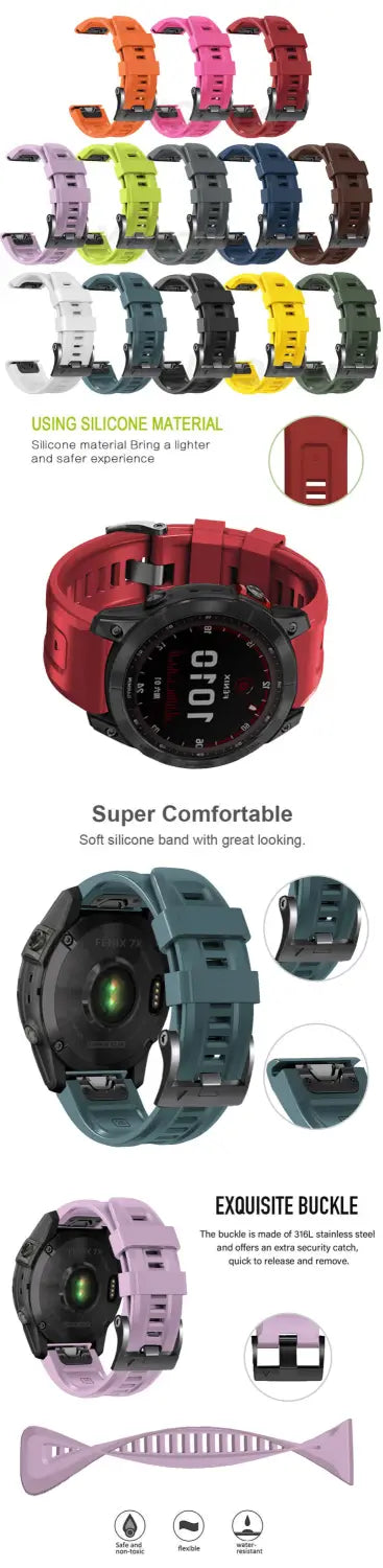 Bande de poignet en silicone Garmin Fenix à fixation rapide rouge, avec un design sportif texturé et une boucle réglable.