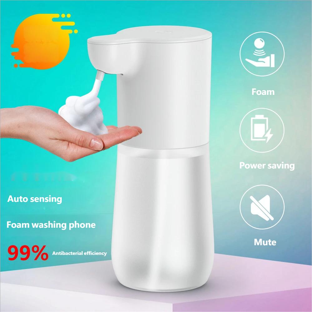 White sleek cylindrical automatic soap dispenser with 350ml capacity and foam bubble generation for hand soap use featuring a modern design