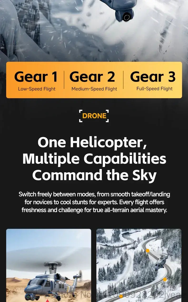 gray and black remote control helicopter drone with 8k camera featuring three flight modes labeled gear 1, gear 2, and gear 3 for low-speed, medium-speed, and full-speed flights