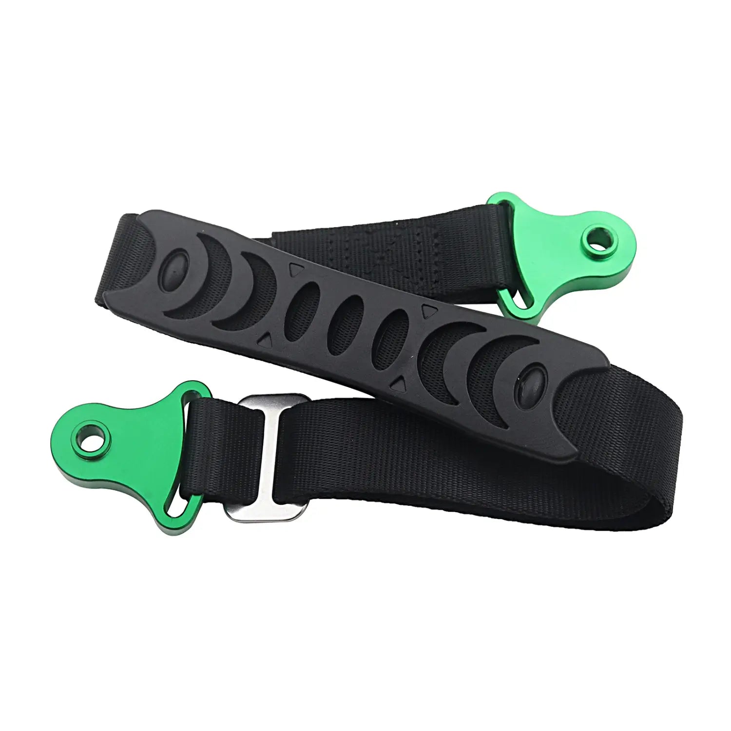 Schwarzes Gurtband für Dirtbike-Abschleppgurt-Set mit grünen Metallelementen an den Enden und silberner Schnalle für Vorder- und Rückholriemen.