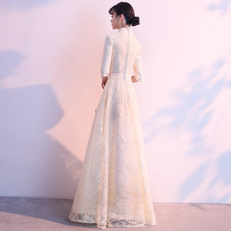 Banquet Elegant Evening Dress New Chinese Style Cheongsam Long Bridesmaid Dress with Mid Sleeve Welcome Etiquette for Ladies