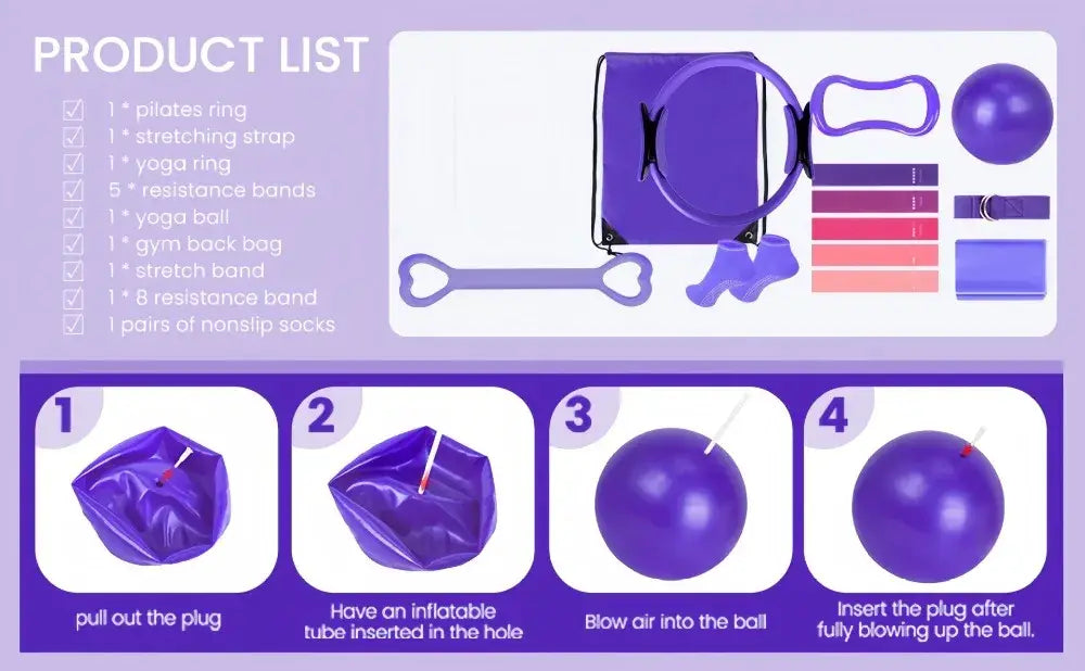 purple inflatable yoga ball with valve and attached air tube included in pilates equipment kit 13-piece fitness set for exercise and balance training.