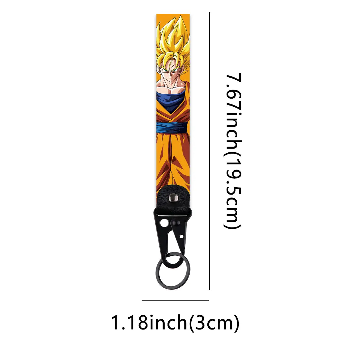 A vibrant orange and blue dragon ball z goku fabric lanyard keychain featuring his iconic spiky golden hair printed on a strap with a black metal clip.