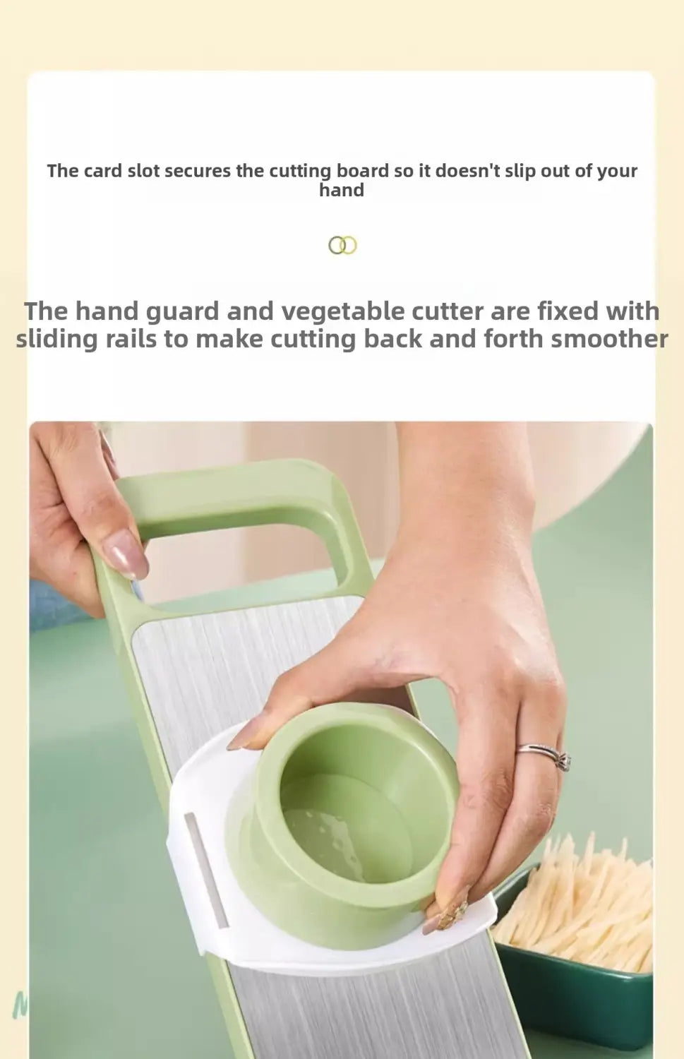 Light green plastic multi-functional vegetable slicer shredder with stainless steel blade and white base for kitchen use.
