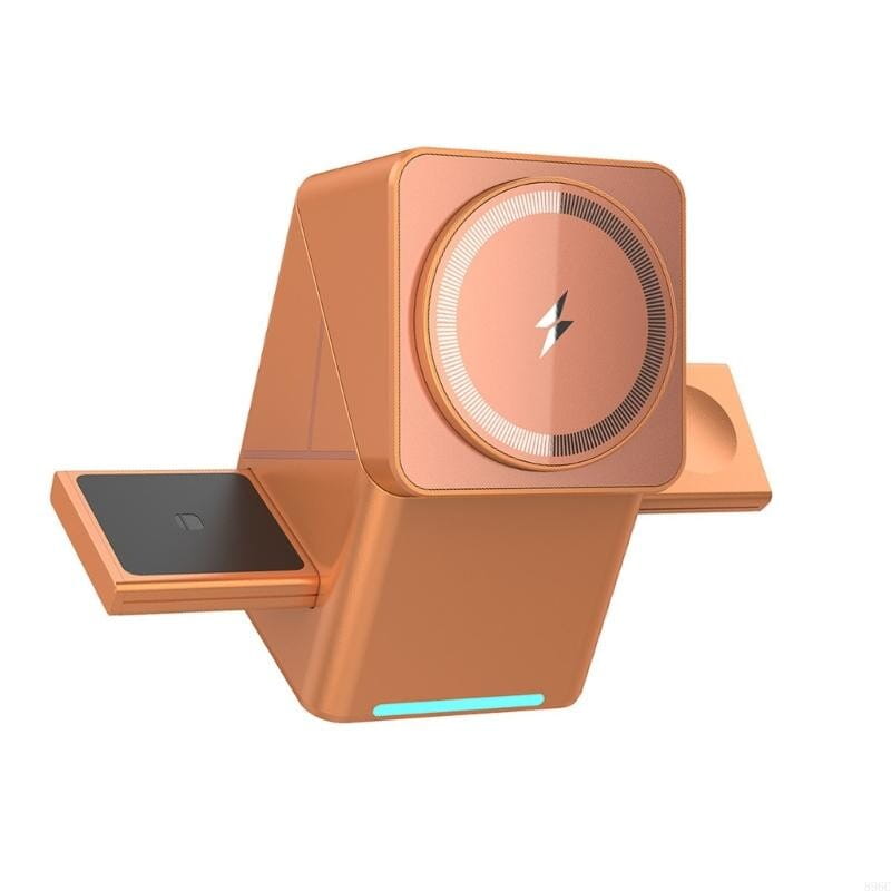 Ladestation für drahtloses Laden mit 15 W aus Roségold, drehbar, mit kreisförmiger Magnetfläche und zwei seitlichen Steckplätzen für Smartphones.