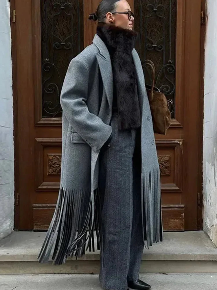HH Women Winter Fashion Lapel Long Sleeve Woolen Jacket Female High Street Double Breasted Fringed Hem Decoration Pocket Coat