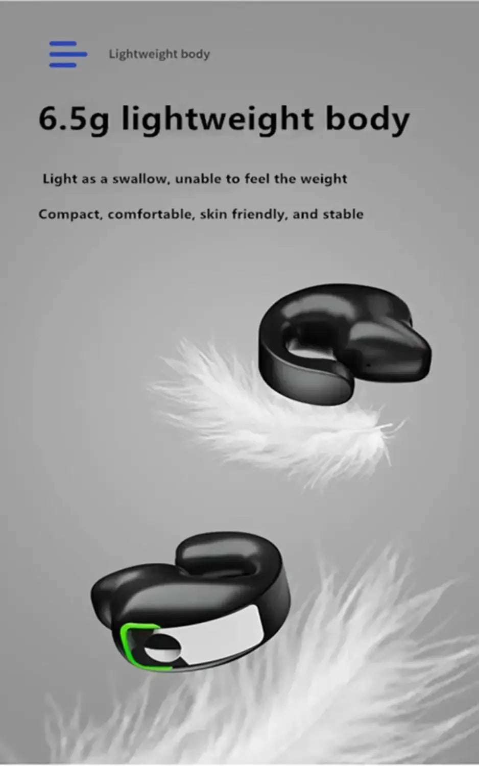 Schwarze, elegante, kompakte Ohrclip-Kopfhörer mit geringem Gewicht, kabellose Bluetooth-Kopfhörer, ausgelegt als wasserdichte Sport-Ohrhörer für eine aktive Nutzung